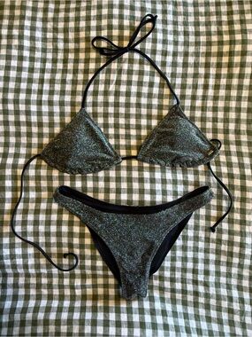 PINK Victoria's Secret Shimmer Triangle Bikini in Black Glitter